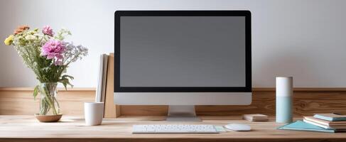 The modern workspace featuring a sleek computer and vibrant flower arrangement. photo