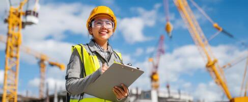 The construction worker with a clipboard smiles confidently at the job site. photo