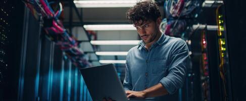 The young professional working on a laptop in a modern server room. photo