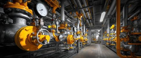 The intricate network of yellow valves and pipes in an industrial facility. photo