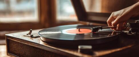 The vintage vinyl record spinning on a turntable in a cozy atmosphere. photo