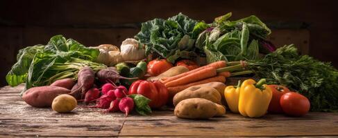 The vibrant arrangement of fresh vegetables on a rustic wooden table photo