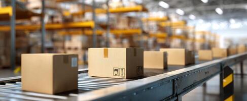 The conveyor belt transporting packages in a modern warehouse setting. photo