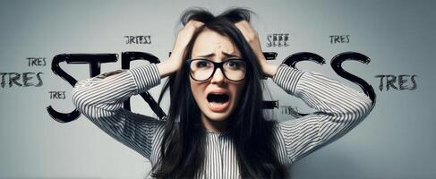 The distressed woman expressing overwhelming stress and anxiety in a dramatic portrait. photo