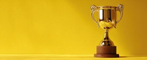 The shining gold trophy symbolizing achievement and celebration against a vibrant yellow backdrop. photo