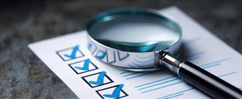 The magnifying glass enhancing focus on a checklist for detailed inspection. photo