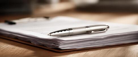 The elegant pen resting on neatly organized paperwork on a desk. photo