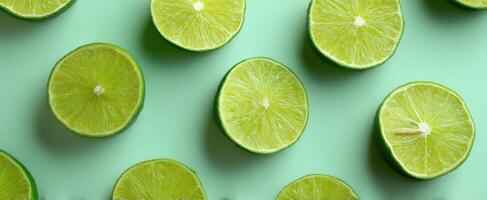 The vibrant green limes arranged artistically on a light backdrop. photo