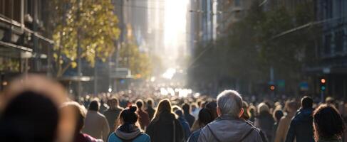 The bustling crowd illuminated by sunlight in a vibrant urban setting. photo