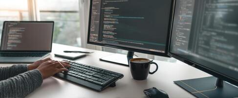 The programmer's desk showcasing dual monitors and coding environment. photo
