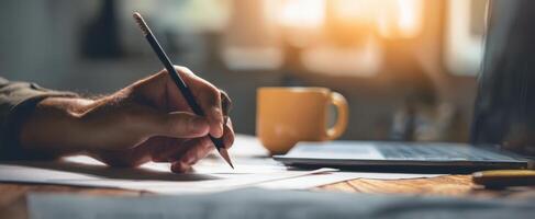 A man writing on paper with a pen and a cup of coffee photo