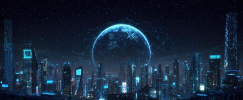 The futuristic cityscape illuminated by a vibrant blue globe above. photo