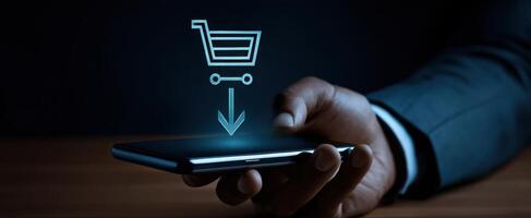 The smartphone displaying a shopping cart icon in a modern digital environment. photo