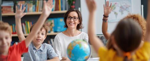 The joyful classroom scene with eager students raising hands to learn. photo