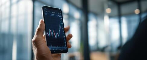 The smartphone displaying stock market trends in a modern office setting. photo