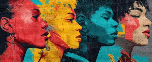 The vibrant mural showcasing diverse female portraits in colorful artistic expression. photo