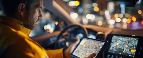 The man using a tablet for navigation in a car during nighttime. photo