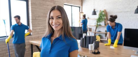 The smiling woman leading a cleaning team in a modern office environment. photo