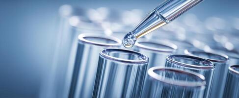 The pipette delivering liquid into laboratory test tubes in a scientific setting. photo