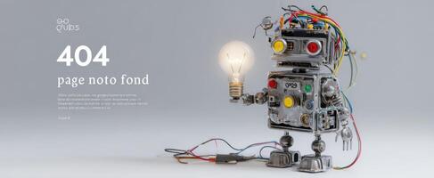 The playful robot holding a glowing lightbulb in a whimsical setting. photo