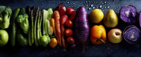The vibrant assortment of fresh vegetables beautifully arranged with droplets. photo