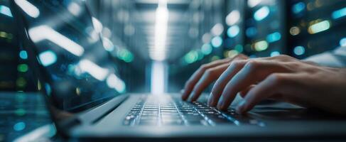 The laptop keyboard in a high-tech server room environment photo