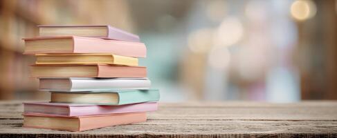 The stack of colorful books on a rustic wooden table in a cozy library setting. photo
