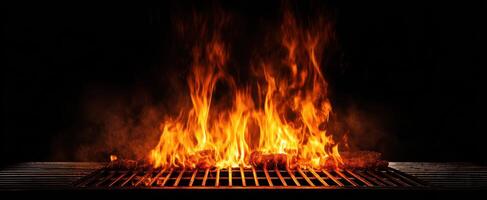 The flames dancing over a grill filled with sizzling meat. photo