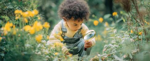 The curious child exploring nature with a magnifying glass in the garden. photo