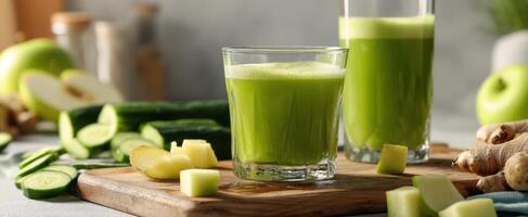 The refreshing green juice made with fresh cucumbers and apples. photo