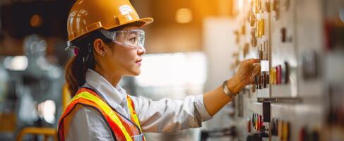 The focused woman engineer operating a control panel in an industrial setting photo