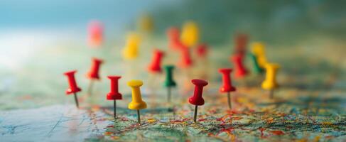 The colorful pins marking locations on a detailed geographical map. photo