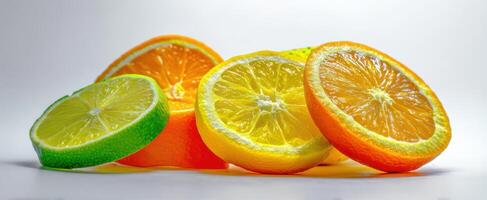 The vibrant display of citrus fruit slices showcasing freshness and color. photo