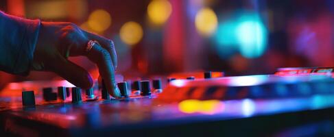 The DJ hand adjusting sound levels in a vibrant nightlife setting. photo