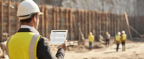 The construction worker using a tablet on a busy job site. photo