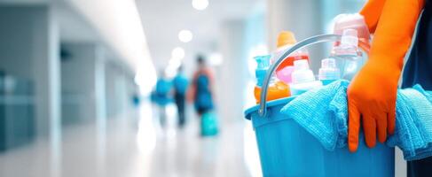The cleaning supplies in a vibrant bucket held by a professional worker. photo