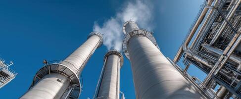 The towering industrial chimneys releasing steam against a clear blue sky. photo
