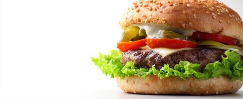 The delicious burger with fresh ingredients and a sesame seed bun. photo