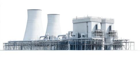 The modern industrial power plant featuring cooling towers and energy infrastructure. photo