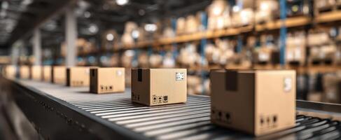 The conveyor belt transporting boxes in a modern warehouse environment. photo