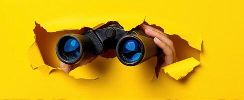 The binoculars peering through a vibrant yellow wall reveal new perspectives. photo