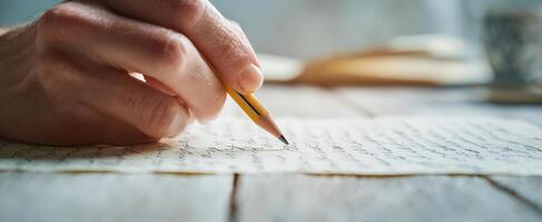 The hand writing a heartfelt message on vintage paper with a pencil. photo