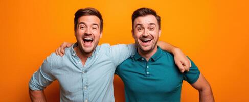 The joyful men celebrating friendship with excitement against an orange backdrop. photo