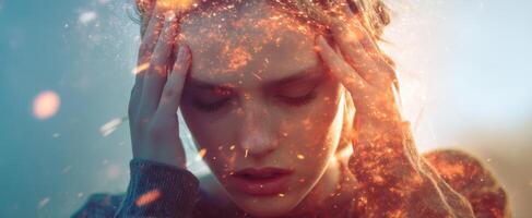 The woman experiencing emotional turmoil with a captivating glowing background. photo