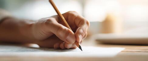 The hand writing with a pencil on a blank sheet of paper. photo
