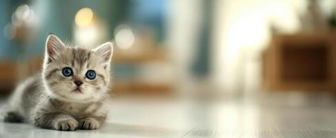 The adorable kitten with striking blue eyes relaxing in a cozy home setting. photo