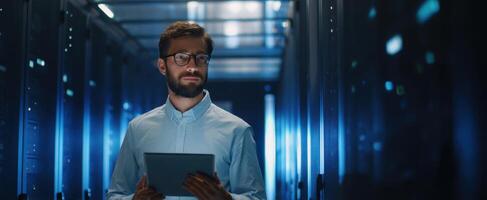 The Professional Man Using a Tablet in a High-Tech Data Center Environment photo