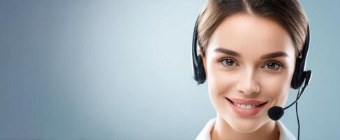 The smiling woman with headset ready to assist in customer service. photo
