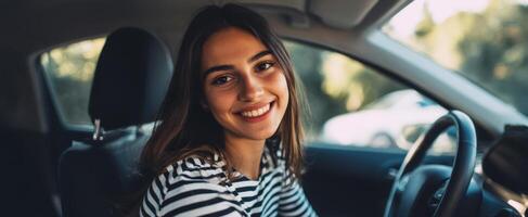 The young woman smiling happily inside her car on a sunny day. photo