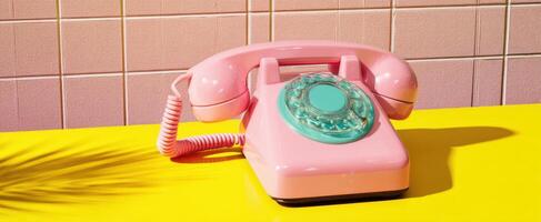 The charming pink rotary telephone against a vibrant yellow background. photo